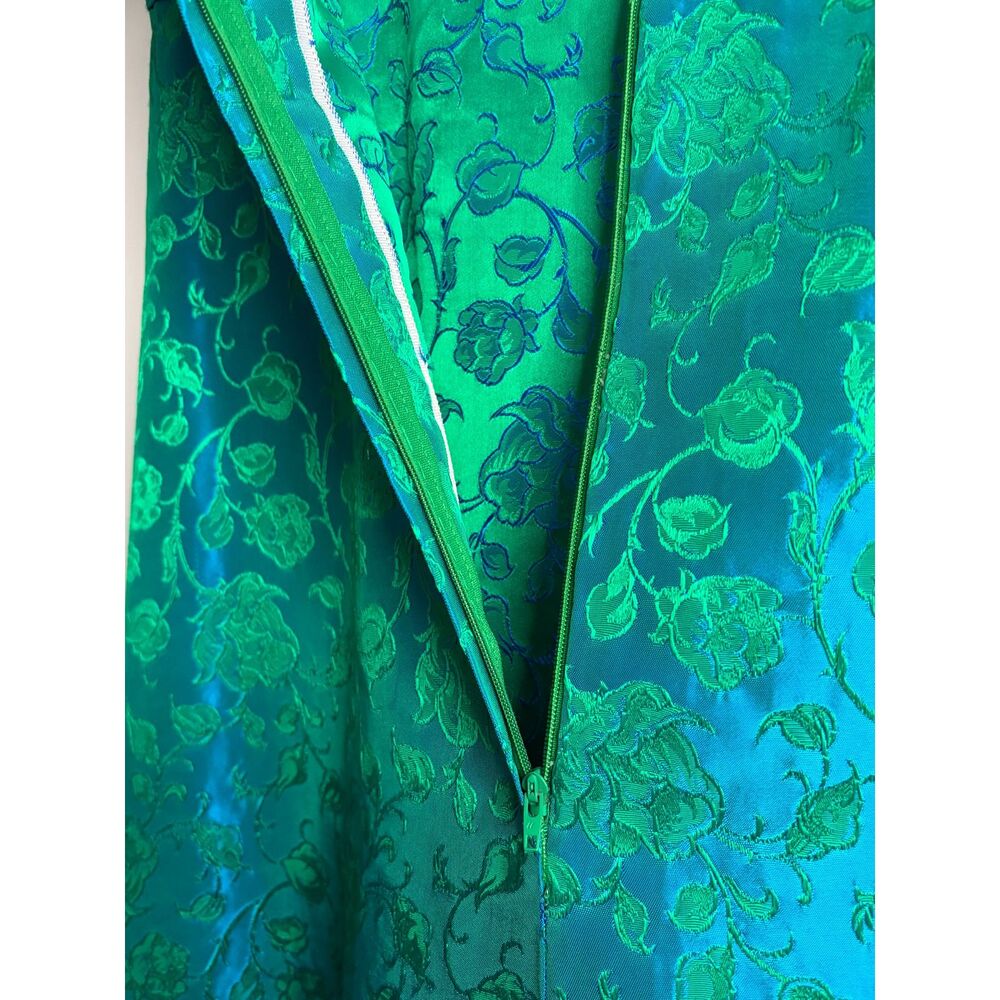 Vintage Late 1960s Emerald & Turquoise Floral Brocade Empire Waist Formal Gown S - Picture 8 of 12